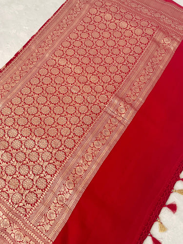Banarasi Pure Chiffon Saree with Hearts Border | Red | Gold Water Zari, Handwoven | Ships from California